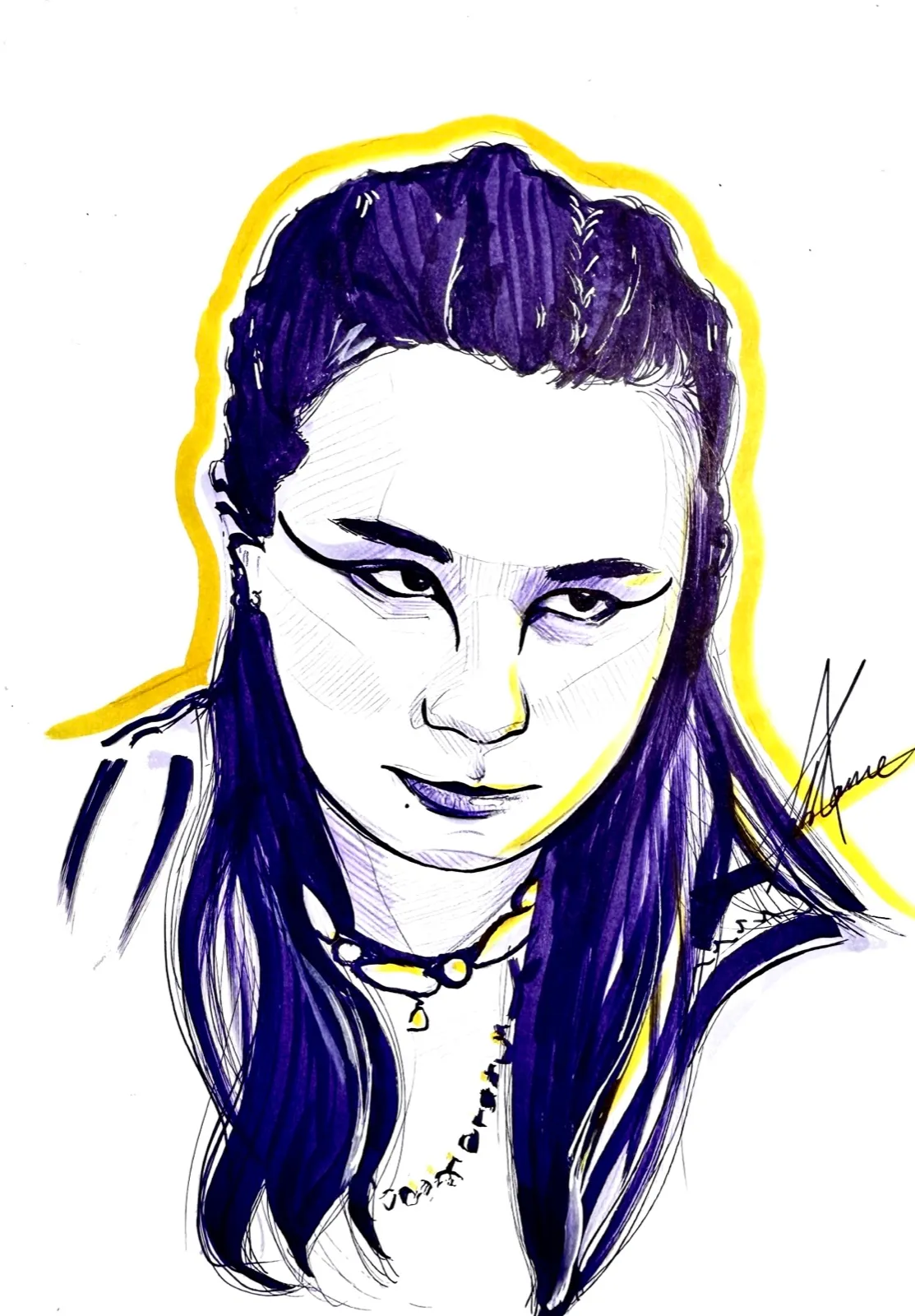Portrait personnalisé au feutre violet et jaune