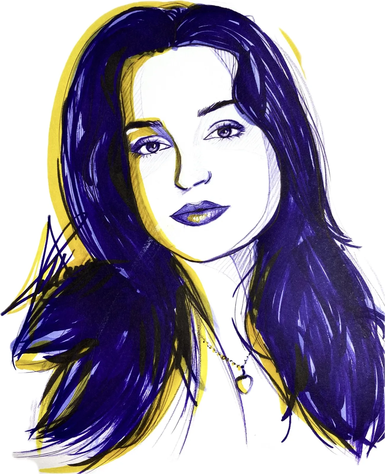 Portrait personnalisé au feutre violet et jaune
